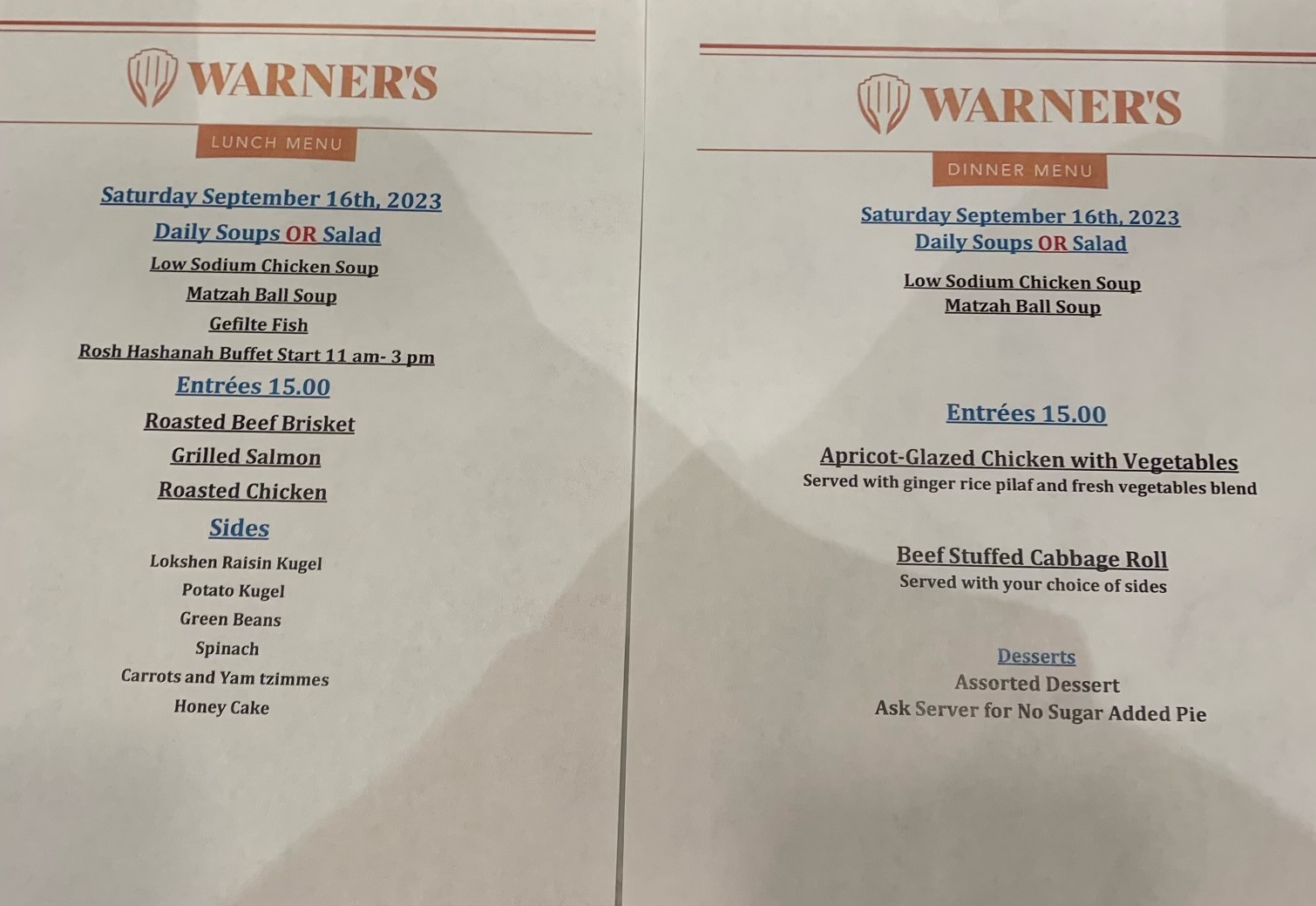 A menu from Warner's a restaurant in Variel in Woodland, Los Angeles